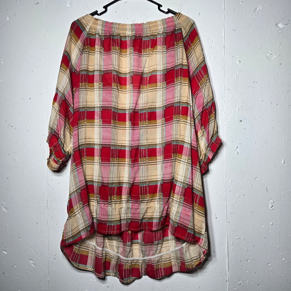 Overdrive Womens Red Plaid Top Plus 2X Boho Peasant Western Cottage Summer Gypsy - Picture 2 of 10